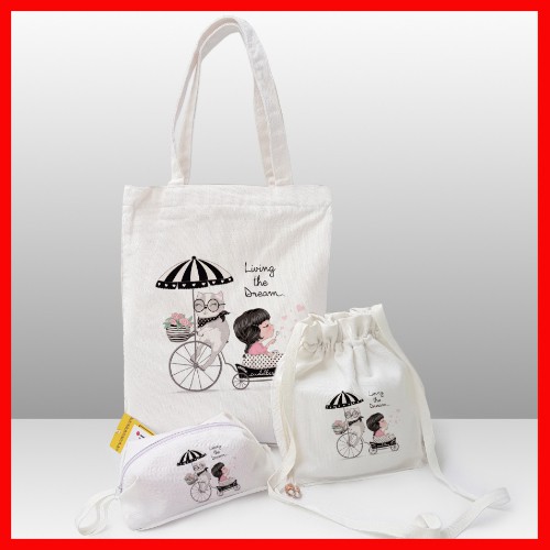 Túi tote vải canvas set 3 món in hình (gồm 1 túi tote+ 1 túi rút + 1 ví nhỏ) thời trang COVI màu trắng T45