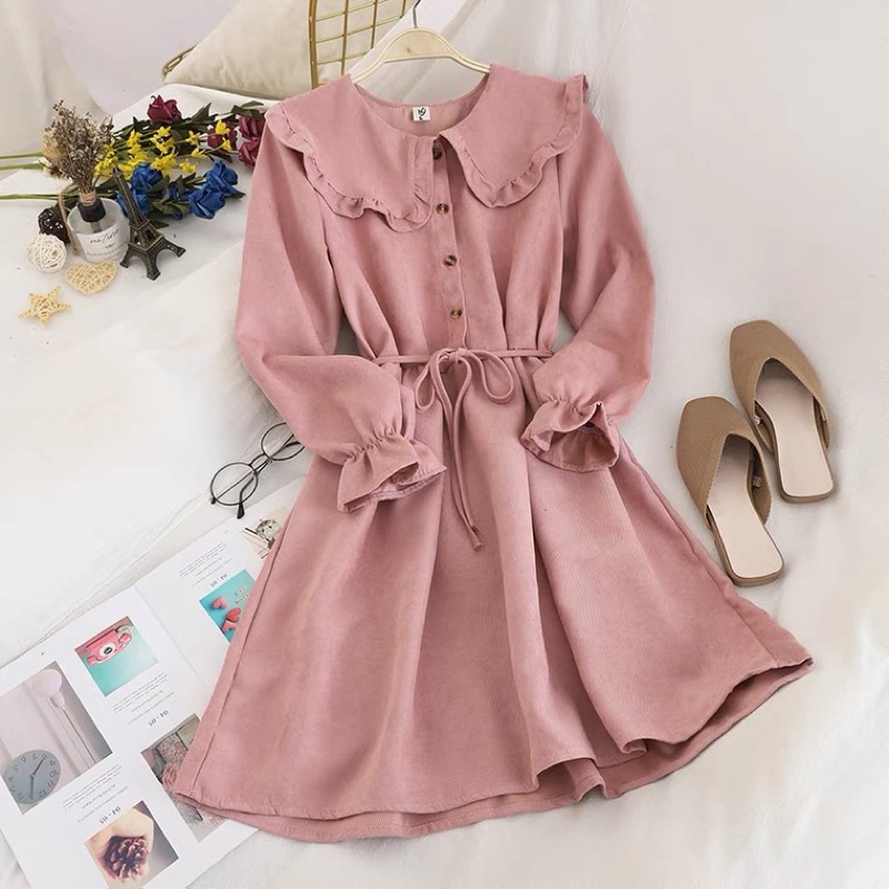 Đầm vintage cổ bèo vải nhung tăm có dây thắt eo điều chỉnh
