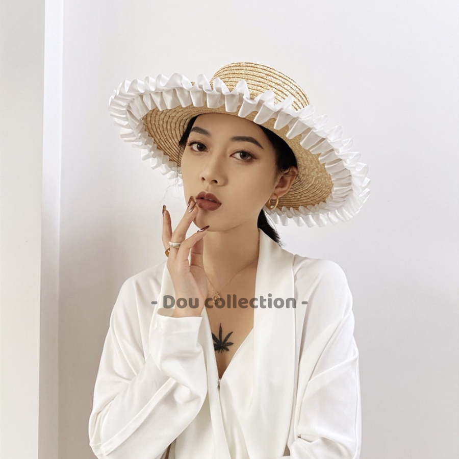 [NowShip2h] Nón Cói (Mũ Cói) Rơm Raffia Sợi Tự Nhiên Xếp Ly Ren Phối Dây Hạt Trắng Chống Nắng Đi Biển - Mã NC024