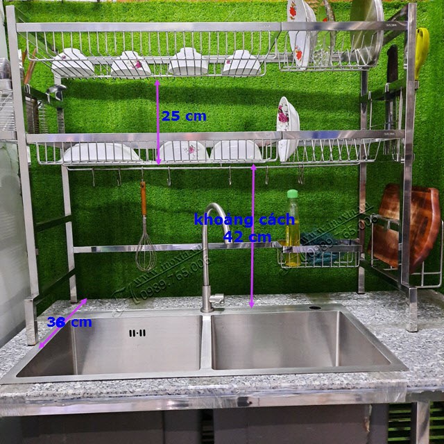 Kệ chén đa năng inox 304 - Kệ úp chén bát đũa muỗng dao thớt trên bồn rửa 2 tầng inox 304