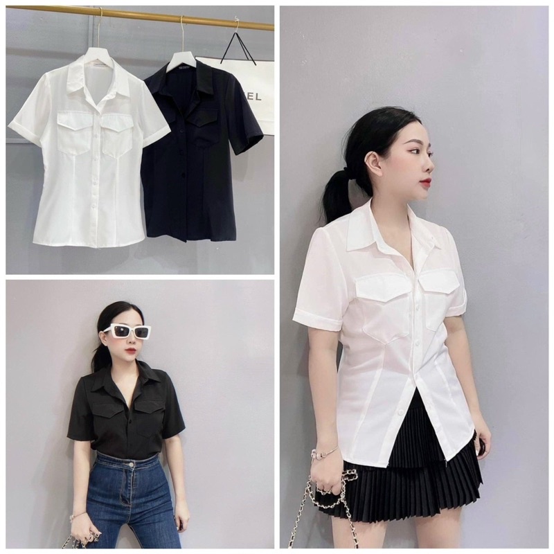 Áo sơ mi trơn tay ngắn có túi