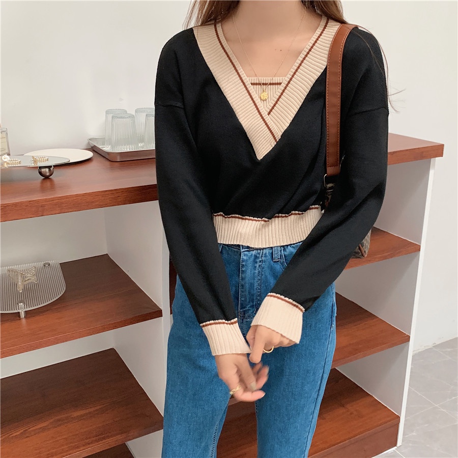 SUXI Áo sweater cổ chữ V thiết kế mới thời trang mùa thu theo phong cách hàn quốc cho nữ