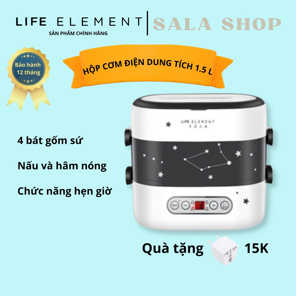 Hộp cơm cắm điện hẹn giờ Life element, 2 tầng, 4 bát gốm sứ, giữ nhiệt, hâm nóng và nấu chín thức ăn, dùng cho văn phòng