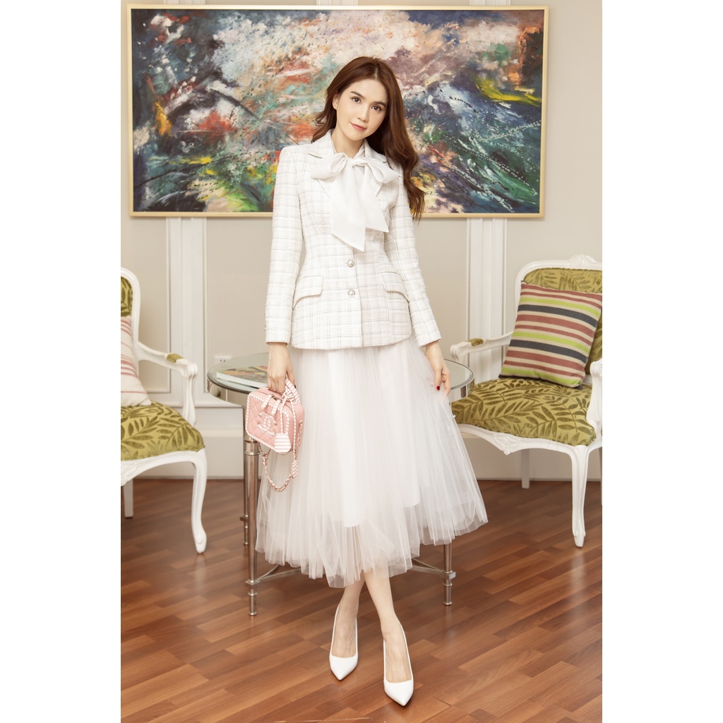 Set áo vest dạ dáng dài kẻ đen VENUS