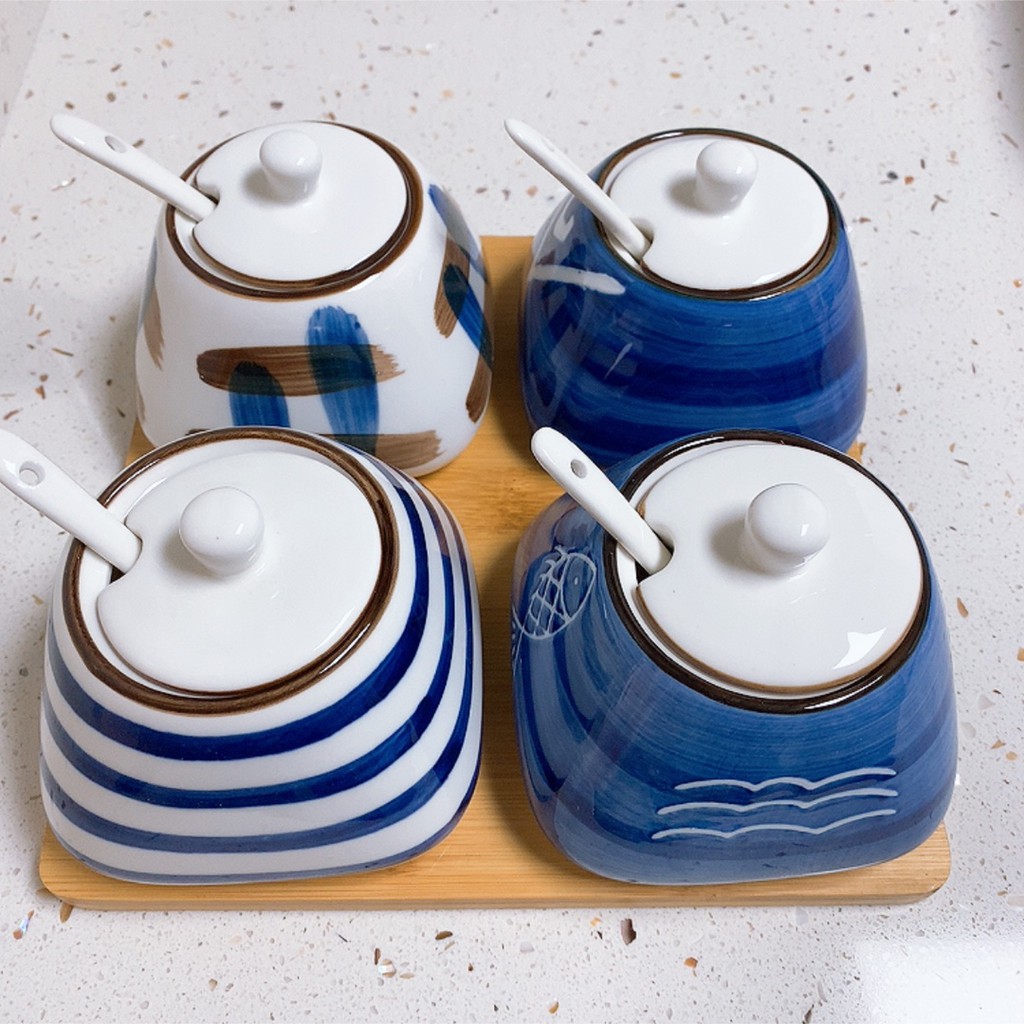 Bộ hộp khay đựng gia vị gốm sứ CERAMIC cao cấp phong cách nhật bản
