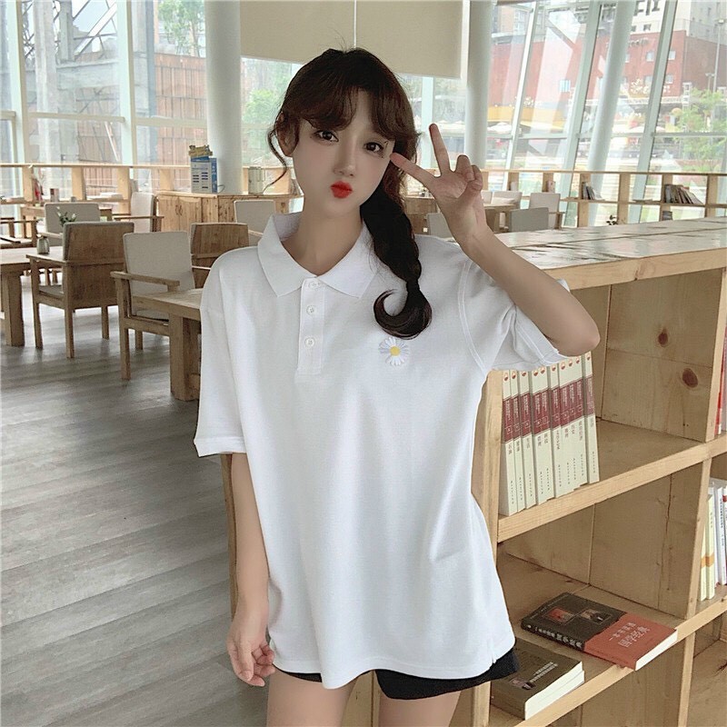Áo Thun tay lỡ Unisex FREESIZE Cổ Trụ Polo in hình Hoa Cúc Hot Trend M0113