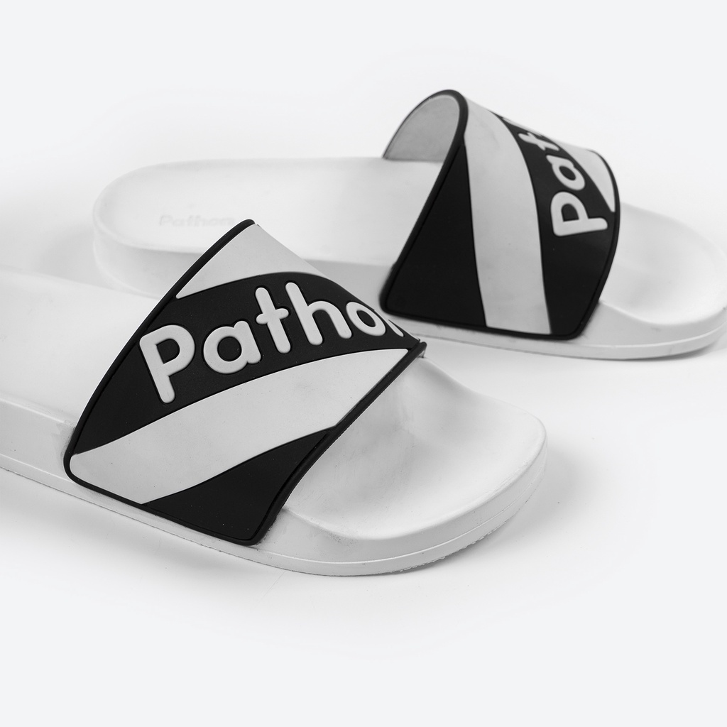 Dép nam nữ quai ngang slipper Pathon quai PVC và đế PU trắng quai sọc chéo đen trắng in chữ Pathon SD52