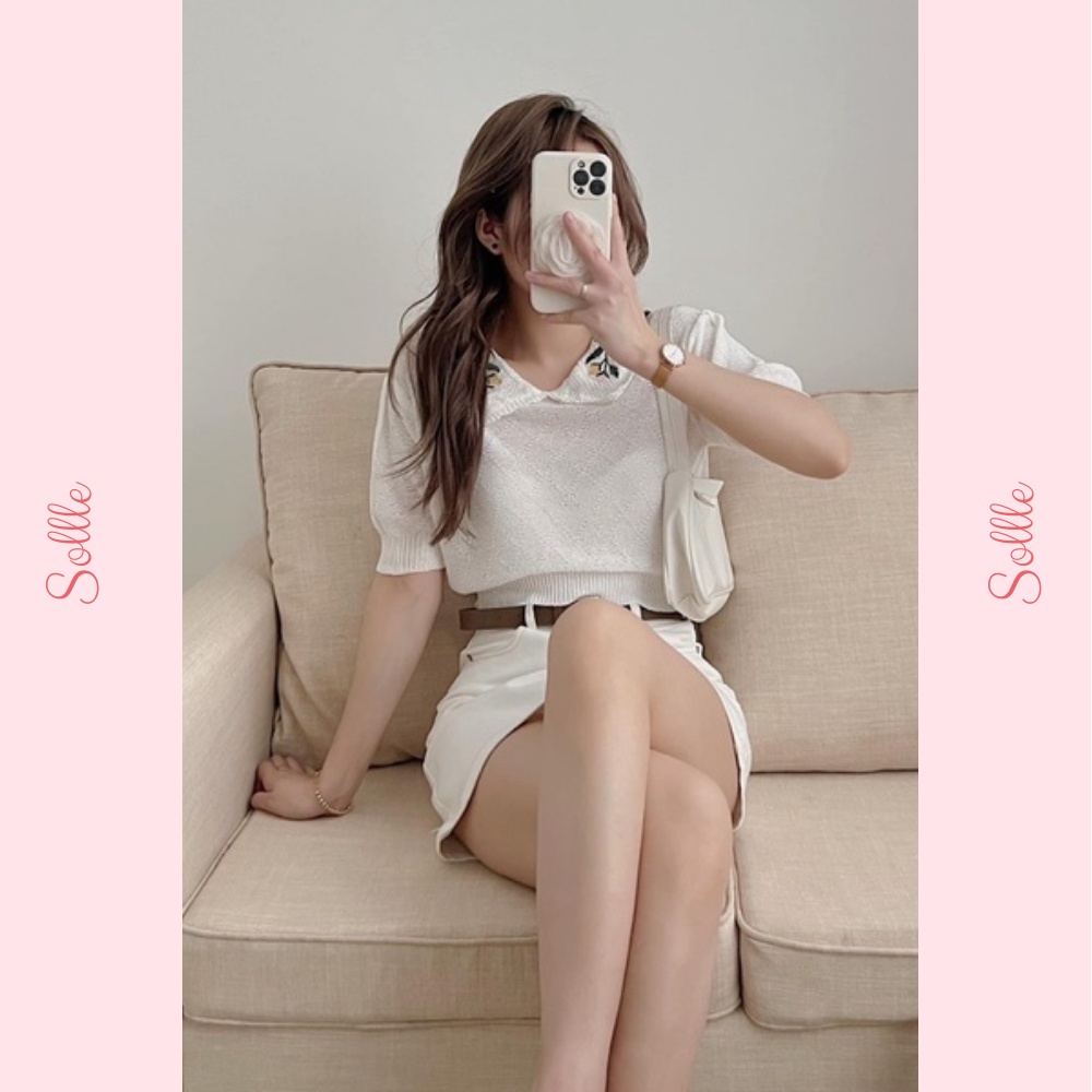 Áo len lưới mỏng ngắn tay cổ sen thêu hoa nổi cách điệu trắng kem vintage Hàn Quốc Sollle