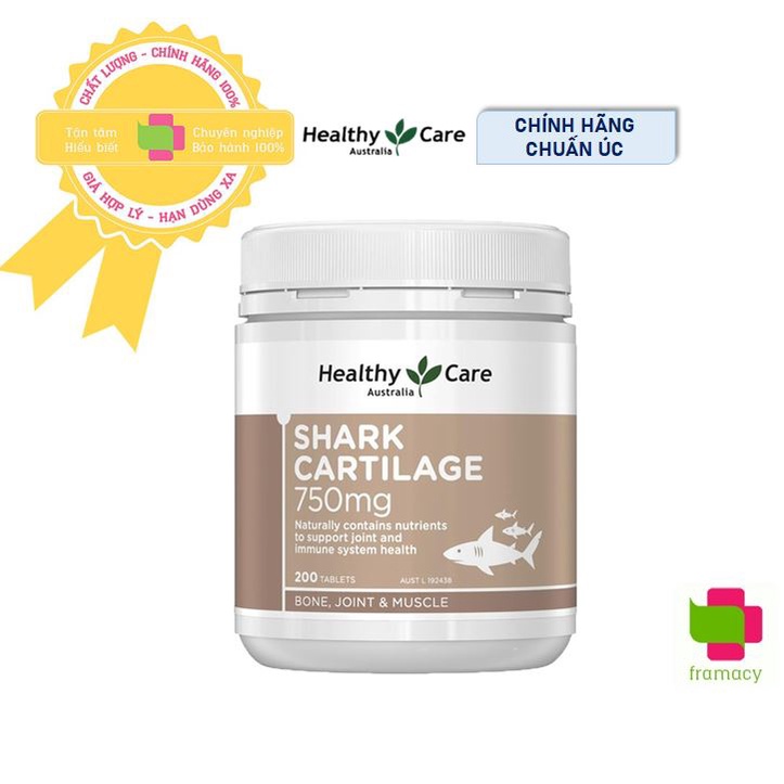 Viên uống Sụn vi cá mập Healthy Care Shark Cartilage 750mg, Úc (200v) hỗ trợ xương khớp cho người lớn trên 18 tuổi