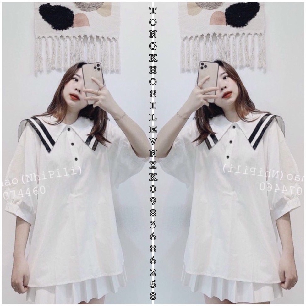 Áo Babydoll Sơ Mi Tay Ngắn Bồng Họa Tiết Viền Đen Cổ Thủy Thủ - Áo Hải Quân Somi Phối Cúc Ngực Ulzzang