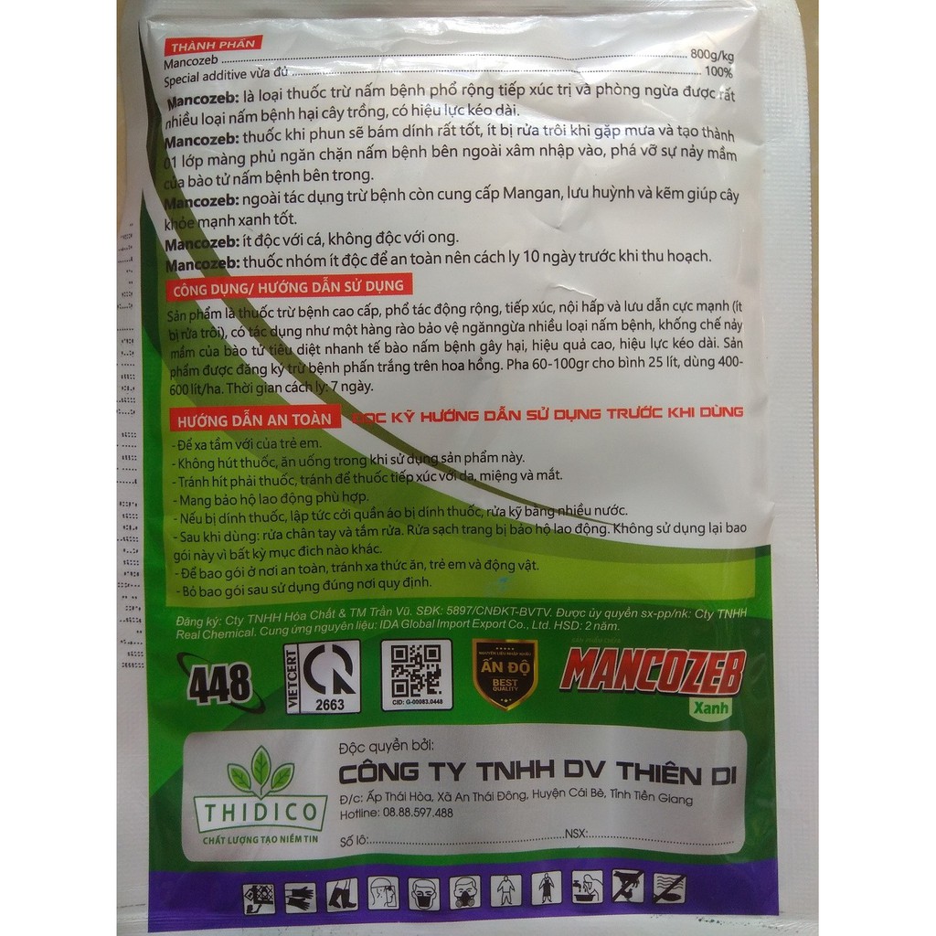 Trừ nấm bệnh TVZEB 800WP có chứa MANCOZEB Xanh - gói 100 gram