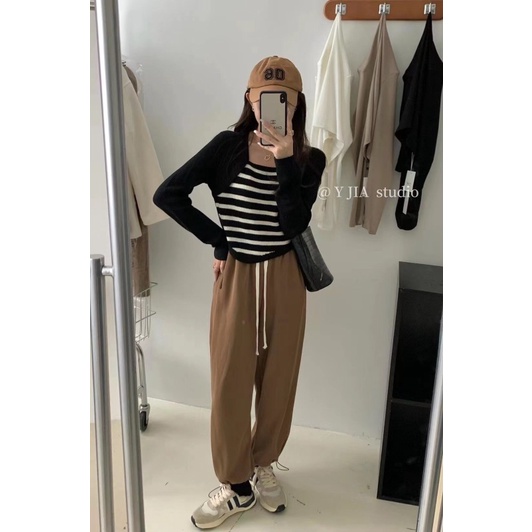 NZN Áo Len Tay Dài Cổ Vuông Giả Hai Lớp Họa Tiết Kẻ Sọc Màu Tương Phản Phong Cách retro Hàn Quốc Dành Cho Bạn Nữ