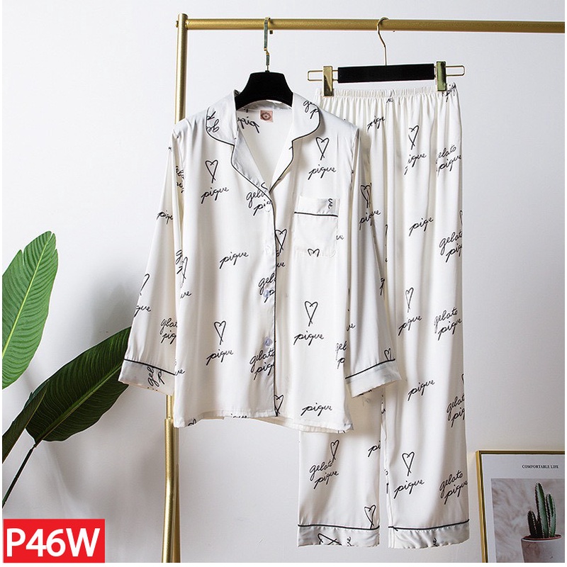 Đồ Ngủ Mặc Nhà Lụa Hàn Pajamas Dài Tay Quần Dài Họa Tiết AMANTA P46AMK