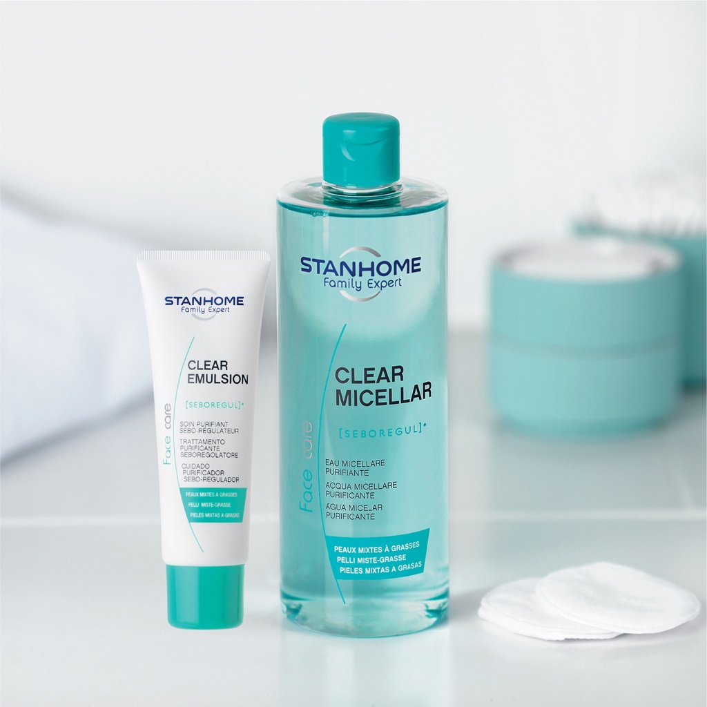 Bộ Sản Phẩm Chăm Sóc Da Dầu Mụn Stanhome Family Expert  Clear Micellar 400ml/chai hạn 2/2024 và Clear Emulsion 40ml/tuýp