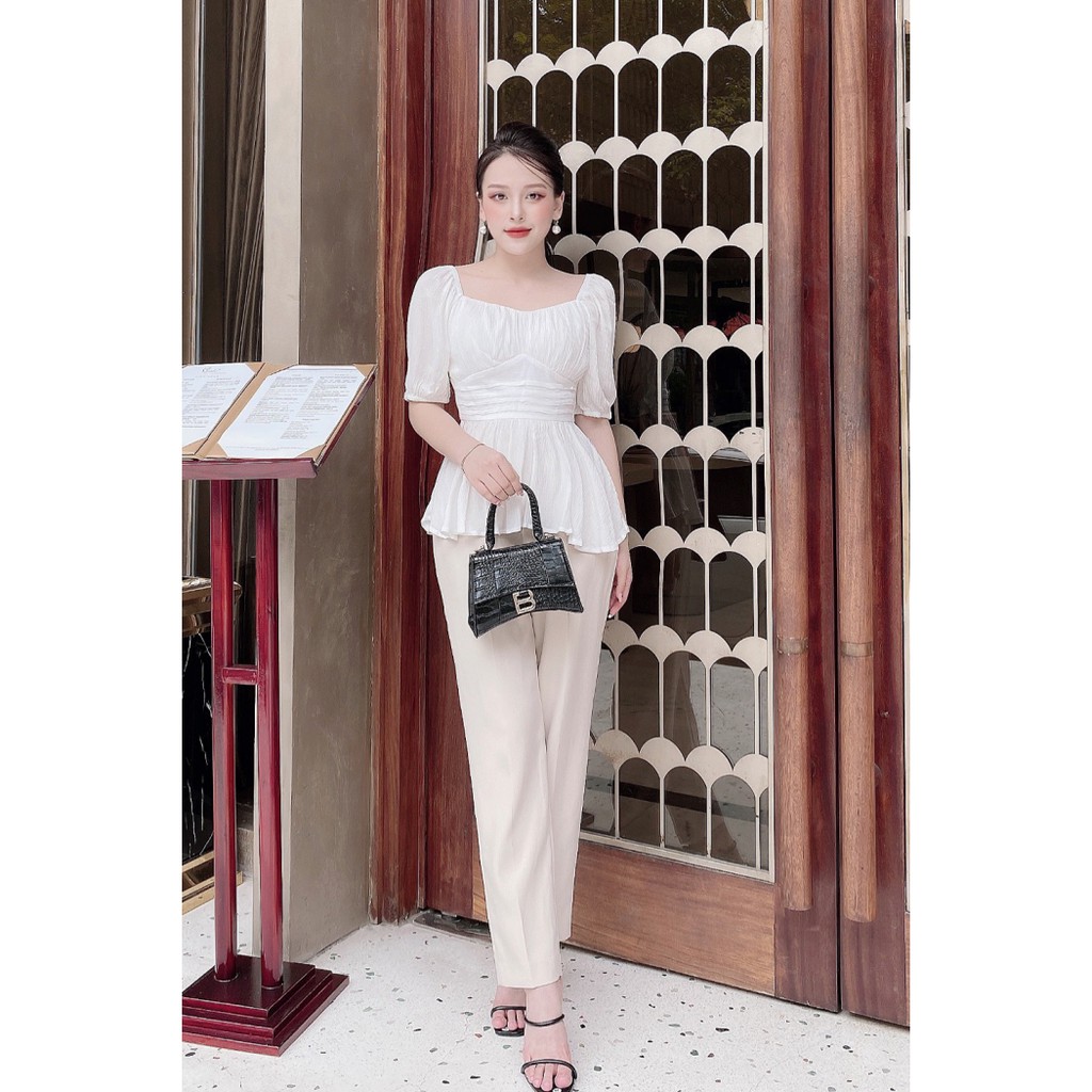 Áo sơ mi nữ ngắn tay cổ vuông nhún eo ASW0542 - 92WEAR | BigBuy360 - bigbuy360.vn