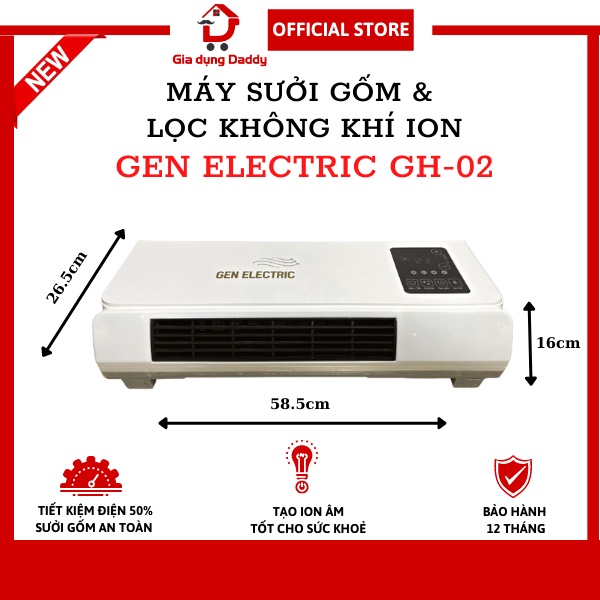 Máy sưởi gốm Gen Electric GH-02, Lọc không khí ION âm, Máy xông hơi nhà tắm 2000W An toàn sức khoẻ, Bảo hành 12 tháng