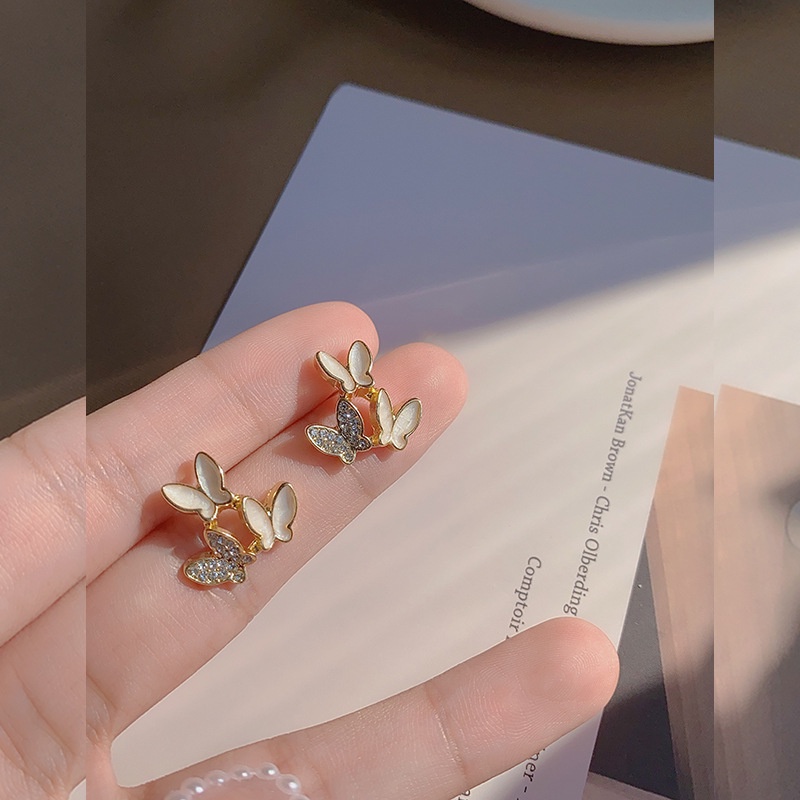 Bông Tai Mạ Bạc 925 Hình Bướm Đính Đá Phong Cách Hàn Quốc Xinh Xắn