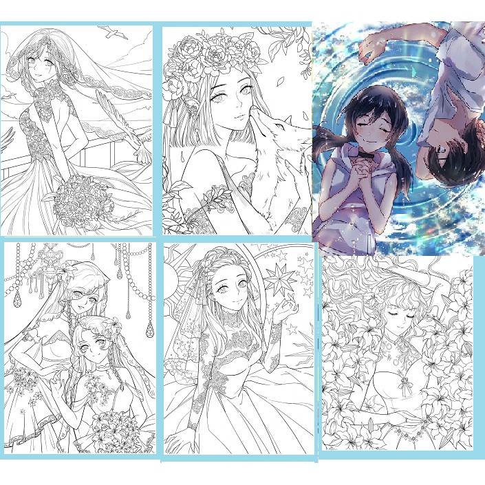 Bộ tranh tô màu  Anime giấy dày tô màu chì, màu nướckhổ A4, 5 tranh A4