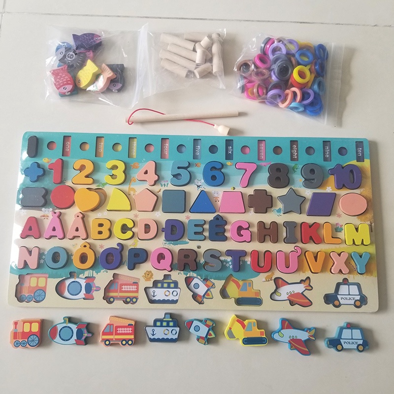 Đồ chơi trẻ em bảng chữ cái tiếng việt tiếng anh ghép số câu cá bằng gỗ lắp ráp xếp hình thông minh cho bé