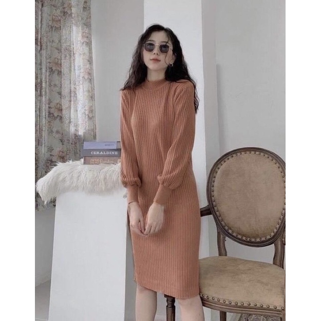 Váy Len - Đầm Len Tay Bồng Dáng Suông