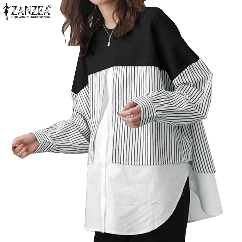 Áo cotton ZANZEA dài tay hoạ tiết sọc giả hai mảnh cổ điển cho nữ