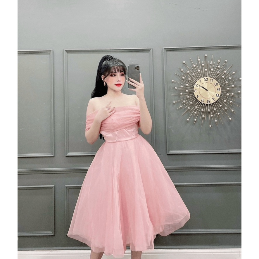 ĐẦM XÒE LƯỚI DỰ TIỆC SANG CHẢNH HÀNG THIẾT KẾ KHOE VAI TRẦN SEXY PU HHP