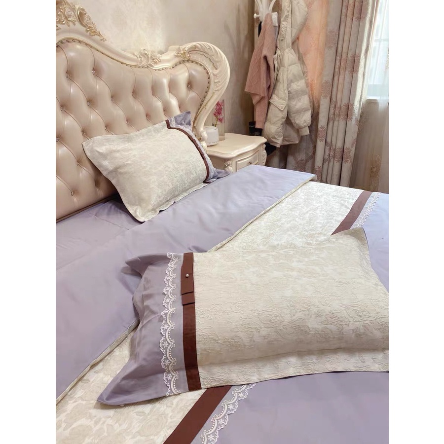 Bộ chăn ga gối lụa sateen 100s LIDACO mix ren nơ sang trọng