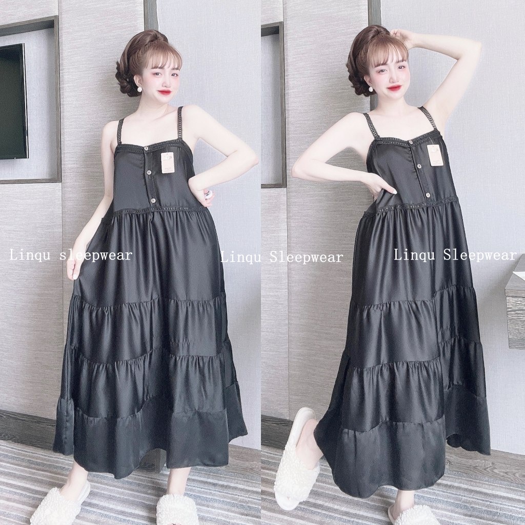 Váy Ngủ Sexy - Váy Ngủ 2 Dây Sexy Chất Satin Phối Ren mềm mát kèm quần Freesize - Linqu Sleepwear