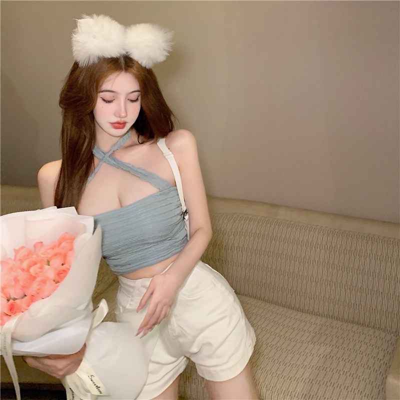 DUNEA Áo Hai Dây Cổ Yếm Xếp Ly Dáng Ngắn Thời Trang Cho Nữ