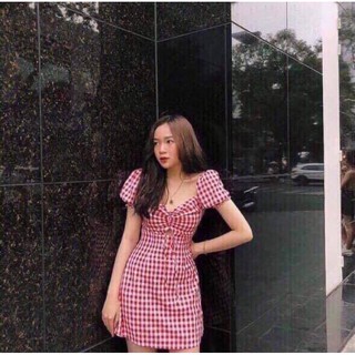 Đầm Caro Đỏ Rút Dây Ngực