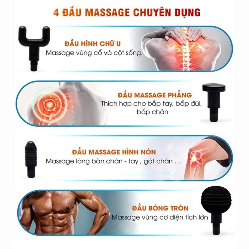 Máy masage cầm tay fascial gun 4 đầu 6 chế độ - súng matxa cầm tay trị nhức mỏi vai gáy, đau giãn cơ