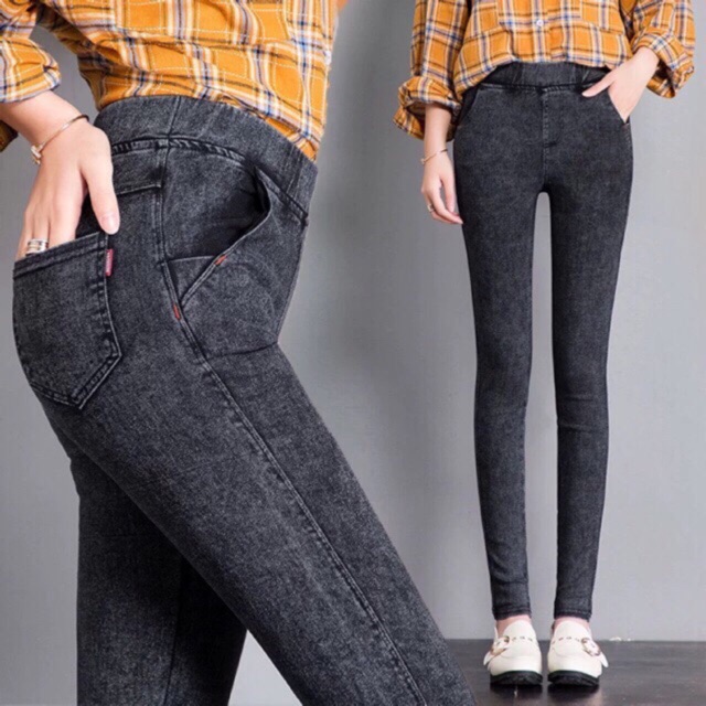 Quần Legging Jean Nữ cạp cao màu nâng mông siêu co dãn/Màu Đen Tuyết