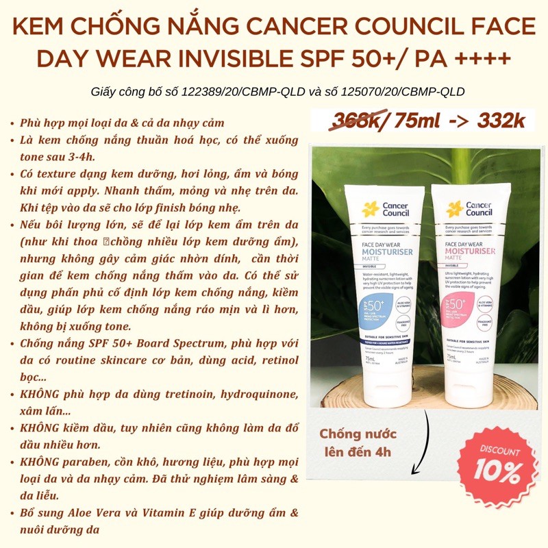 Kem chống nắng Cancer Council Face Day Wear Invisible SPF 50+/ PA ++++ dành cho da mặt hàng ngày