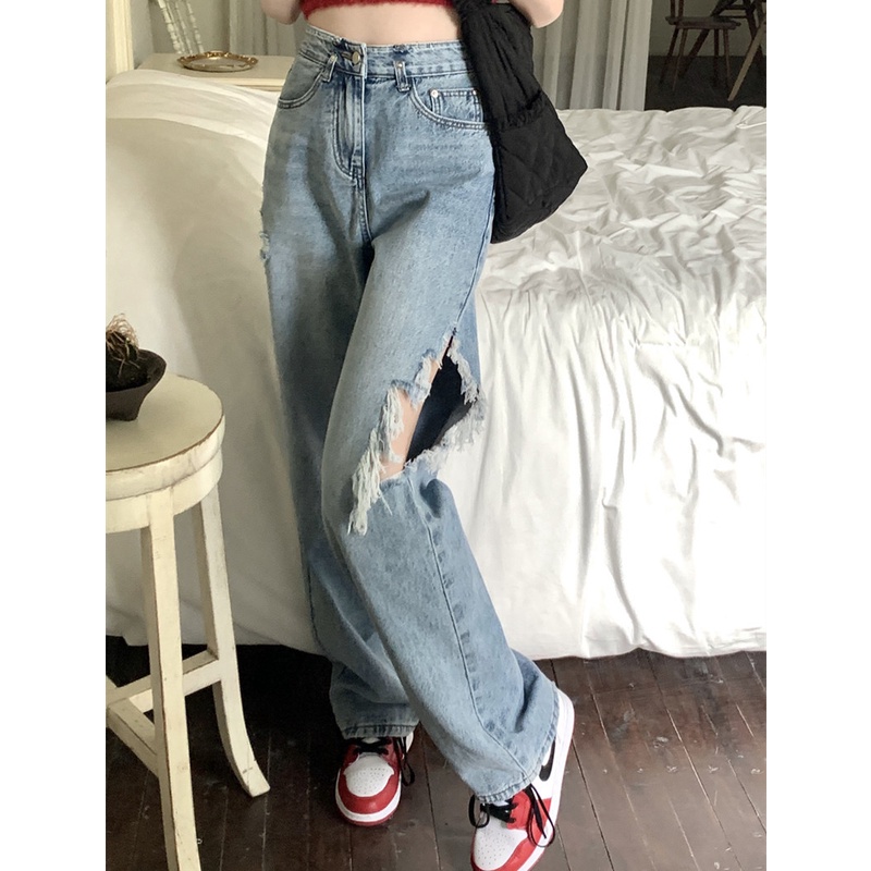 Quần Jeans Nữ Ống Rộng Rách Gối Thời Trang