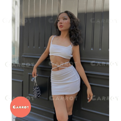 Set đồ nữ sanh chảnh,  bộ đồ nữ cá tính áo croptop 2 dây chân váy cột dây trắng ôm body carrotxinhdep