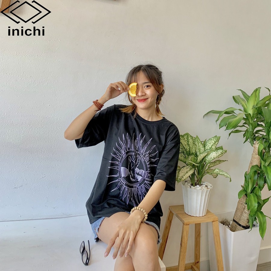 Áo thun tay lỡ form rộng INICHI phong cách Unisex cho cả nam nữ, in hình mặt trời bàn tay - IC632 màu tím