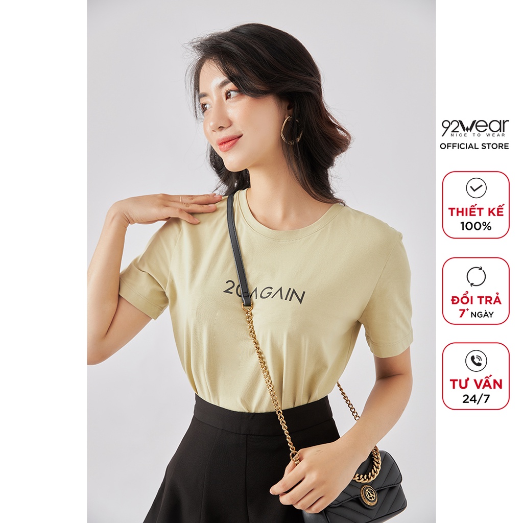 Áo thun nữ cotton co giãn 92WEAR form rộng ngắn tay cổ tròn in chữ ATA2068
