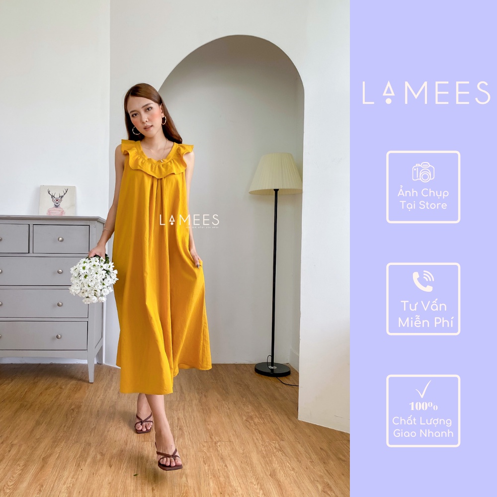 Đầm vàng váy cổ bèo,vải không cần là ủi- Ann Dress [ẢNH CHỤP THẬT]