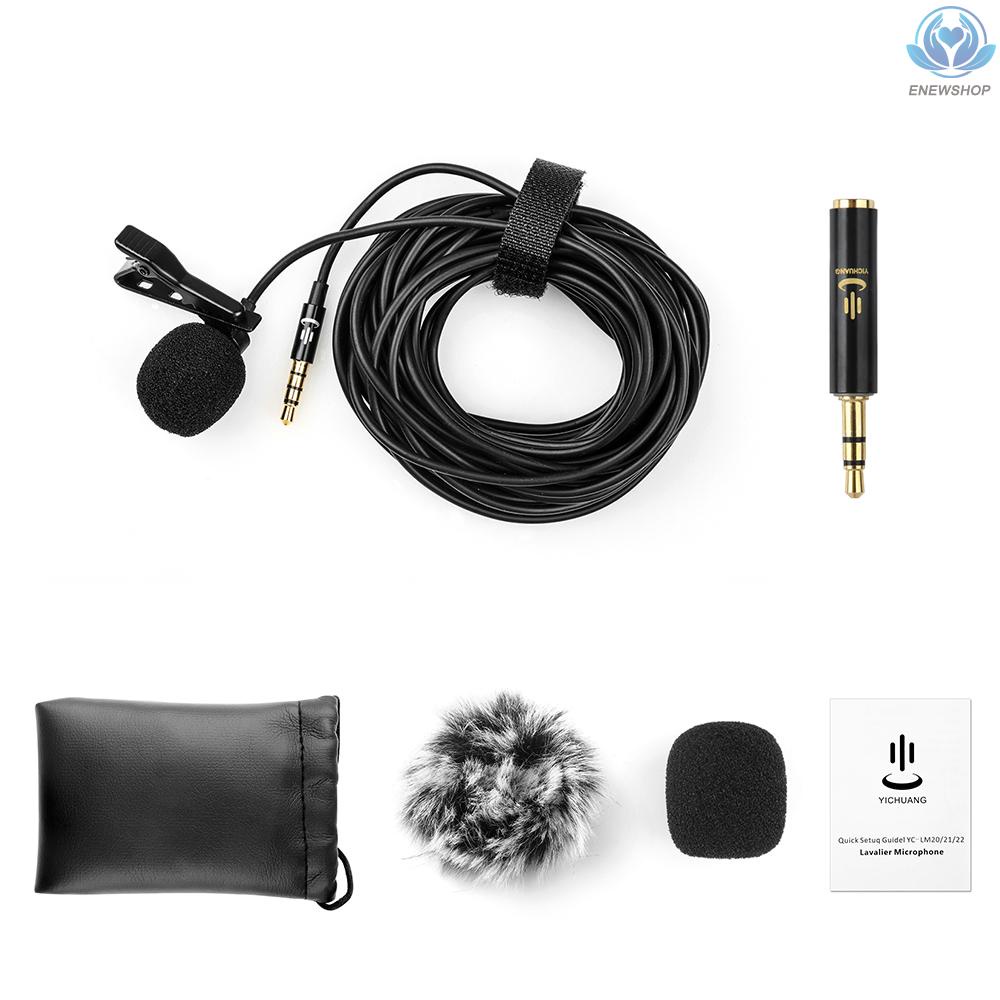 【enew】Professional Omni-directional Clip-on Lavalier Microphone Mic Cable Length 6M with 3.5mm Jack Adapter Windscreen for iPhone 6/6P Samsung Huawei Smartphone Tablet Laptop for Cameras Camcorders DV DSLR for Studio Interview Recording