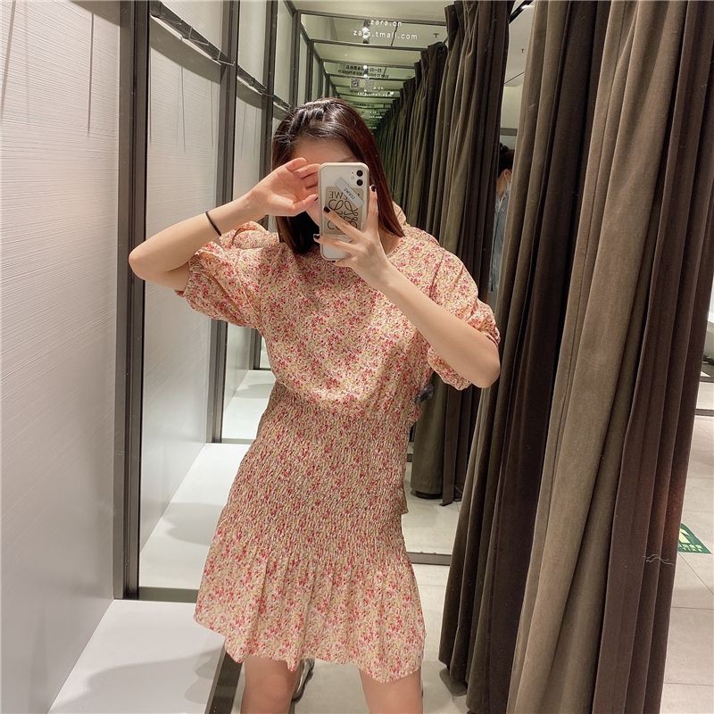 Váy hoa nhí vintage đẹp cổ tròn nhún eo nhẹ mát đi làm đi du lịch