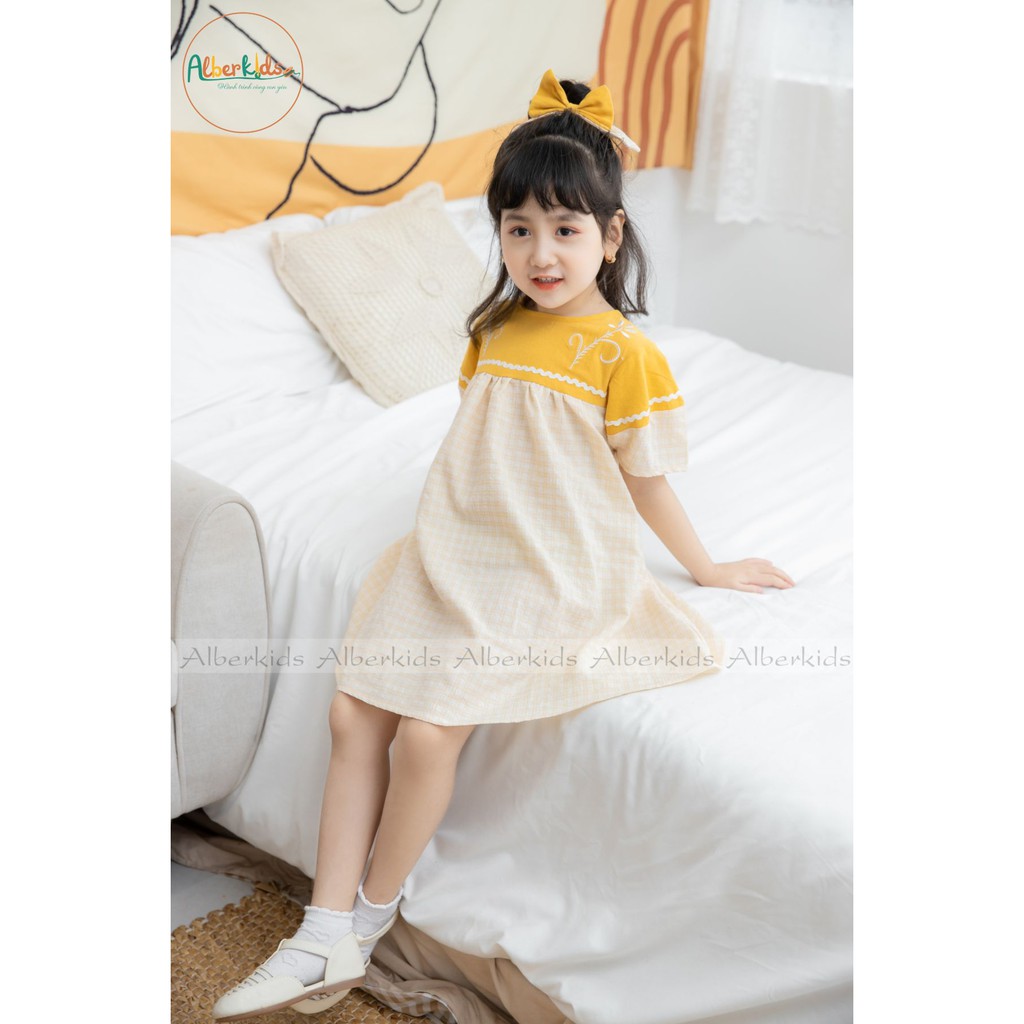 Váy cho bé gái ALBER KIDS thêu họa tiết phối kẻ vàng QUEEN DRESS xinh đẹp cho trẻ em từ 2 đến 14 tuổi [V08]