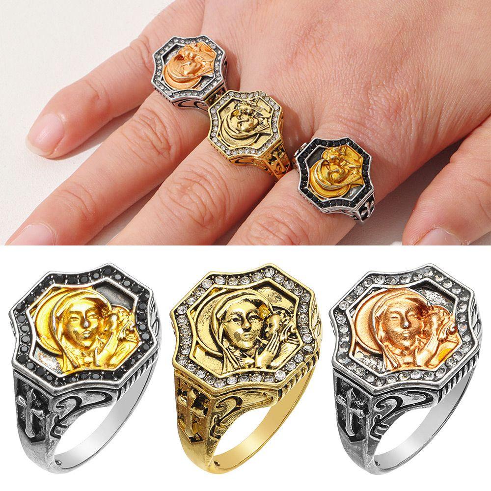 .Nhẫn Hợp Kim Khắc Chữ Thập Phong Cách Vintage Mới