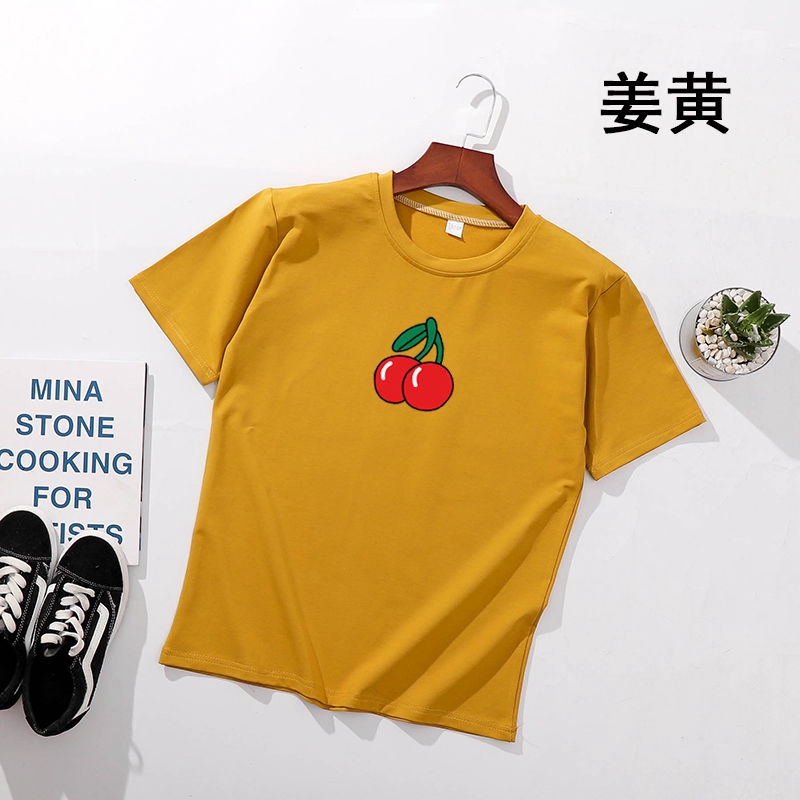 Áo Thun Tay Ngắn Unisex Cổ Tròn In Hình Quả Cherry Phong Cách Harajuku