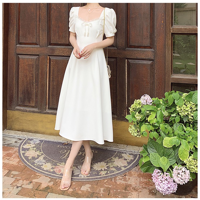 Váy đầm màu trắng kem cổ điển vintage dáng xòe công sở đi tiệc thanh lịch hàng thiết kế đủ size s m l