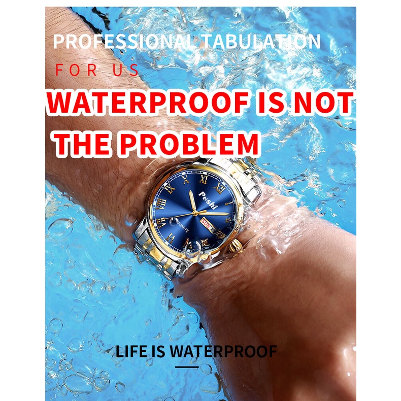 Poshi Đồng Hồ quartz Dây Thép Không Gỉ Chống Thấm Nước Phát Quang Cho Nam