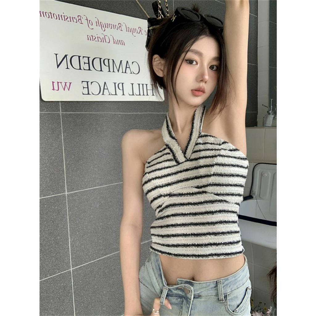 QADCOL Áo Lửng Hai Dây Dáng Ôm Họa Tiết Kẻ Sọc Thời Trang Mùa Hè Mới Dành Cho Bạn Nữ