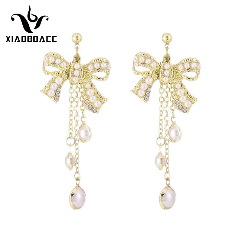 XiaoboACC Đôi Khuyên Tai Dài Đính Nơ Và Ngọc Trai Thời Trang Cho Nữ S925