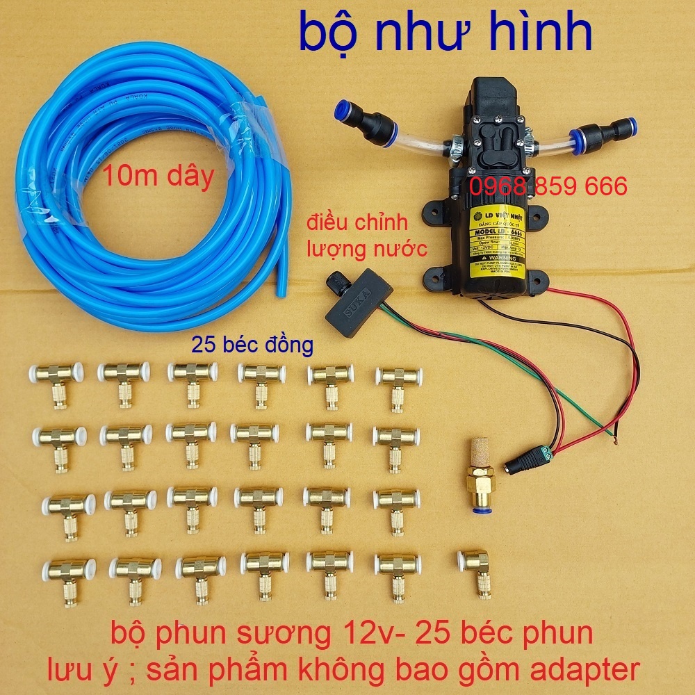 bộ phun sương làm mát, tưới lan 5 béc - 30 béc, máy bơm áp lực 12v ( bộ phun sương 12v- không nguồn)