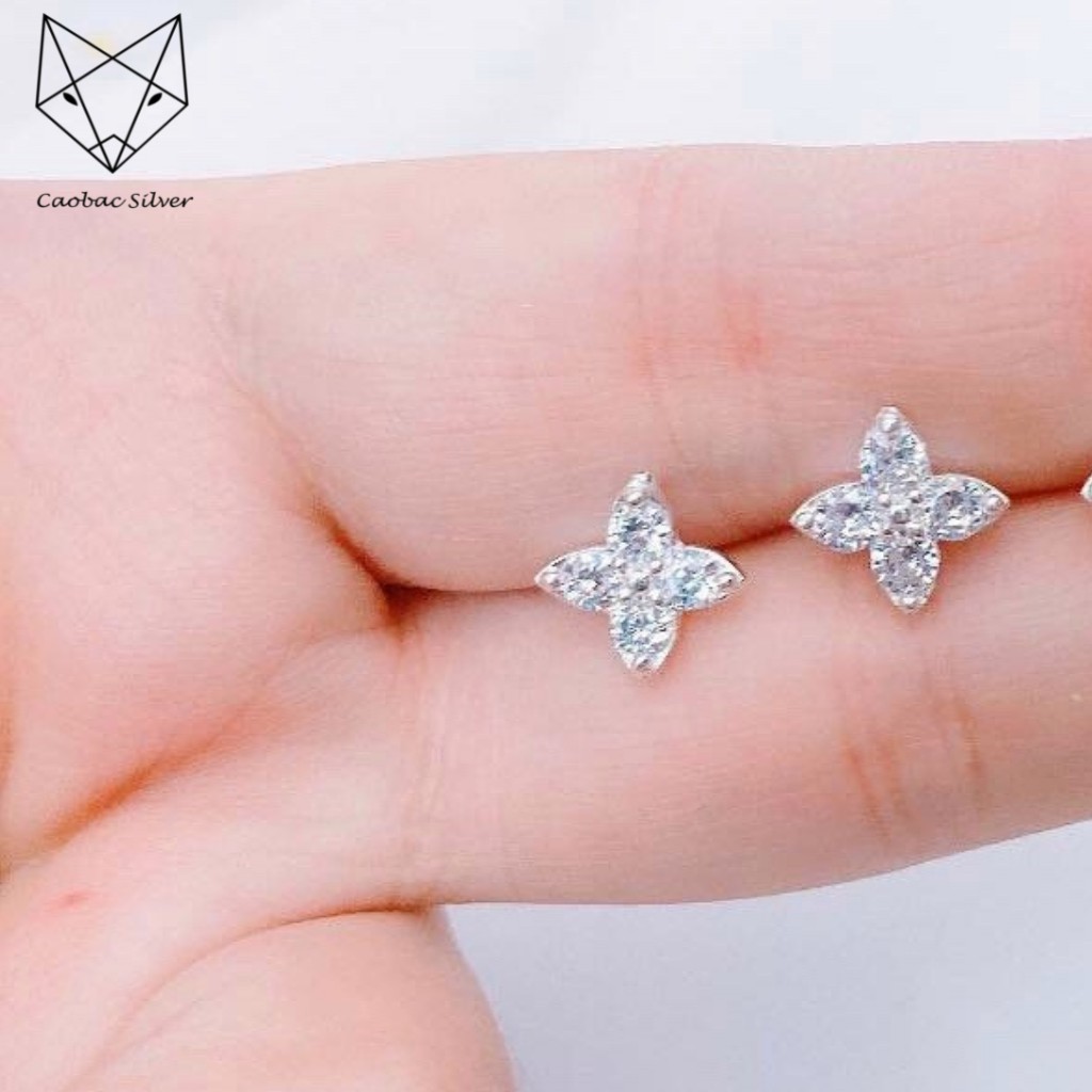 Khuyên Tai Bạc Nữ CaoBac Silveri Đính Đá Chất Liệu Bạc Ta Mặt Hoa Bốn Cánh Nhọn Sang Chảnh Đơn Giản Thanh LỊch Cho Nữ