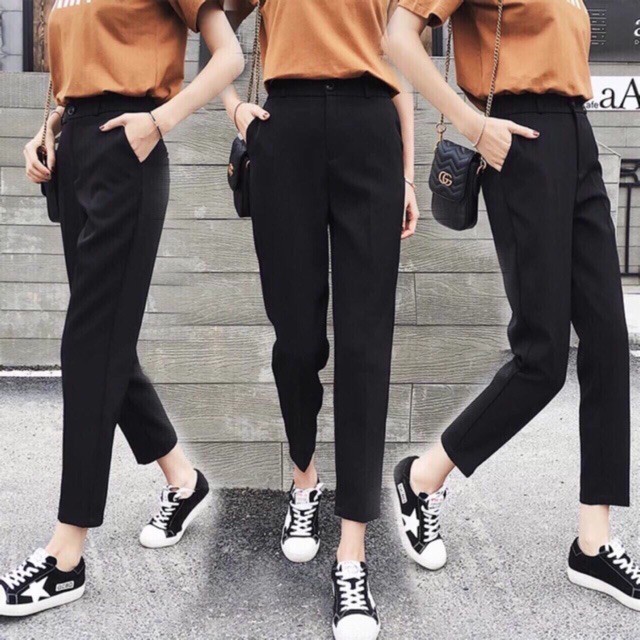 Quần tây đen công sở nữ cạp lưng cao - màu đen dáng dài ống đứng khóa kéo - Vải tuyết mưa mềm mại - Mặc đi làm